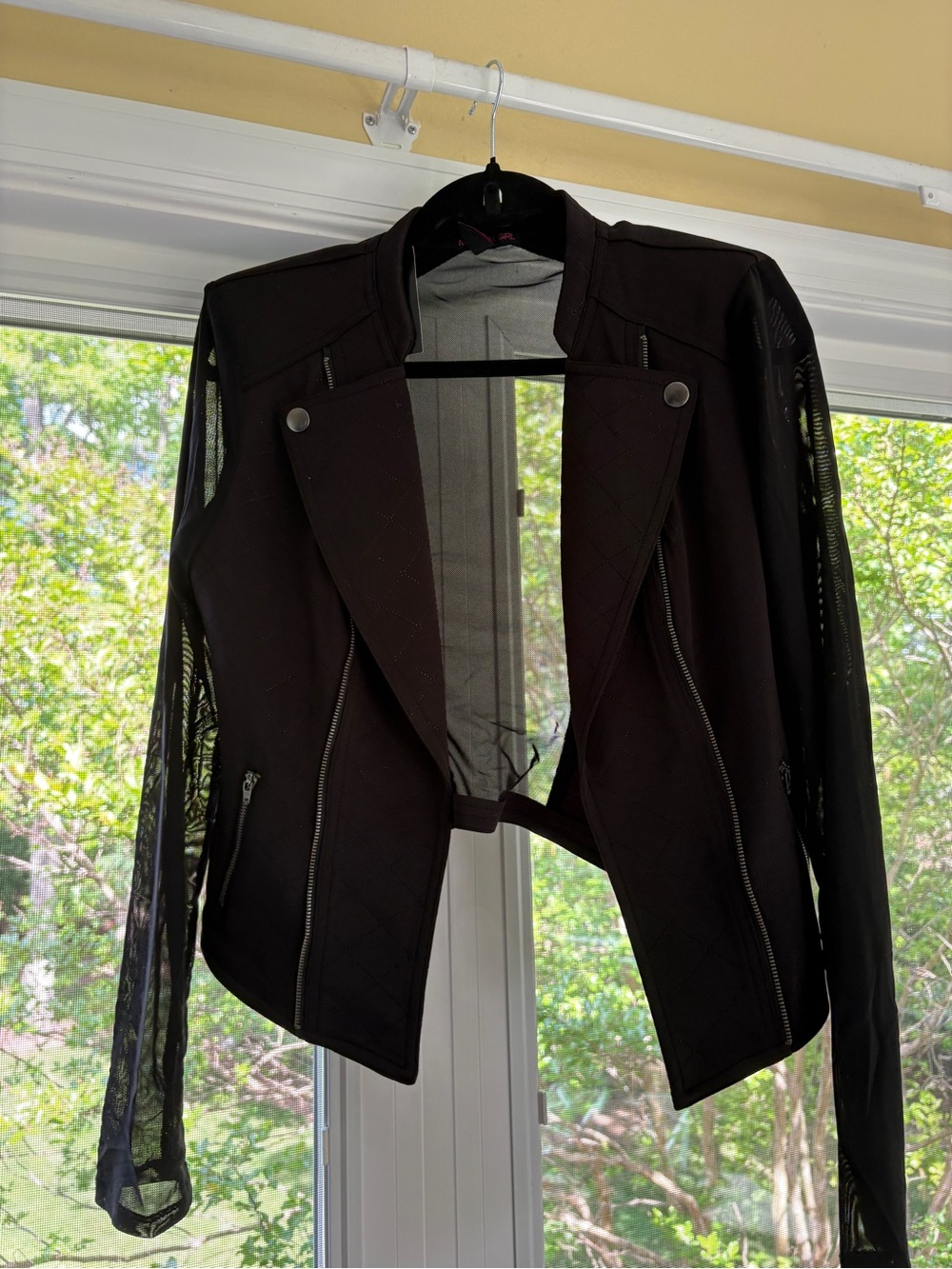 Material Girl Black Moto Jacket with Sheer Lace Sleeves